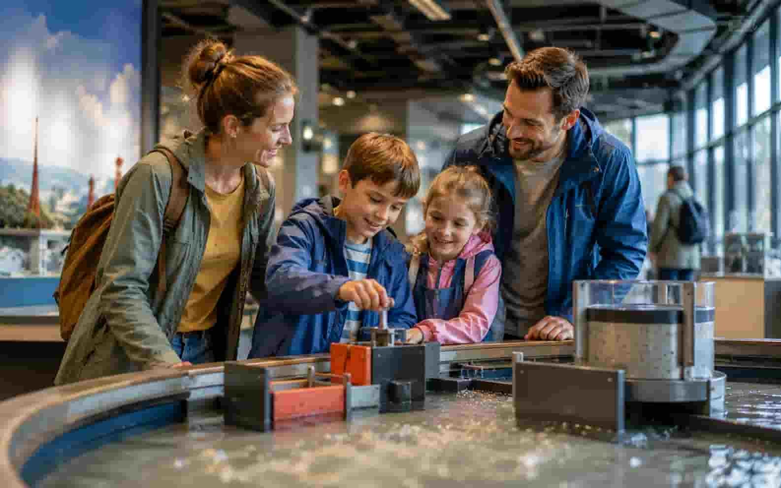 Familie betrachtet eine interaktive Ausstellung als Ersatzbild für das Mercedes-Benz Museum Stuttgart