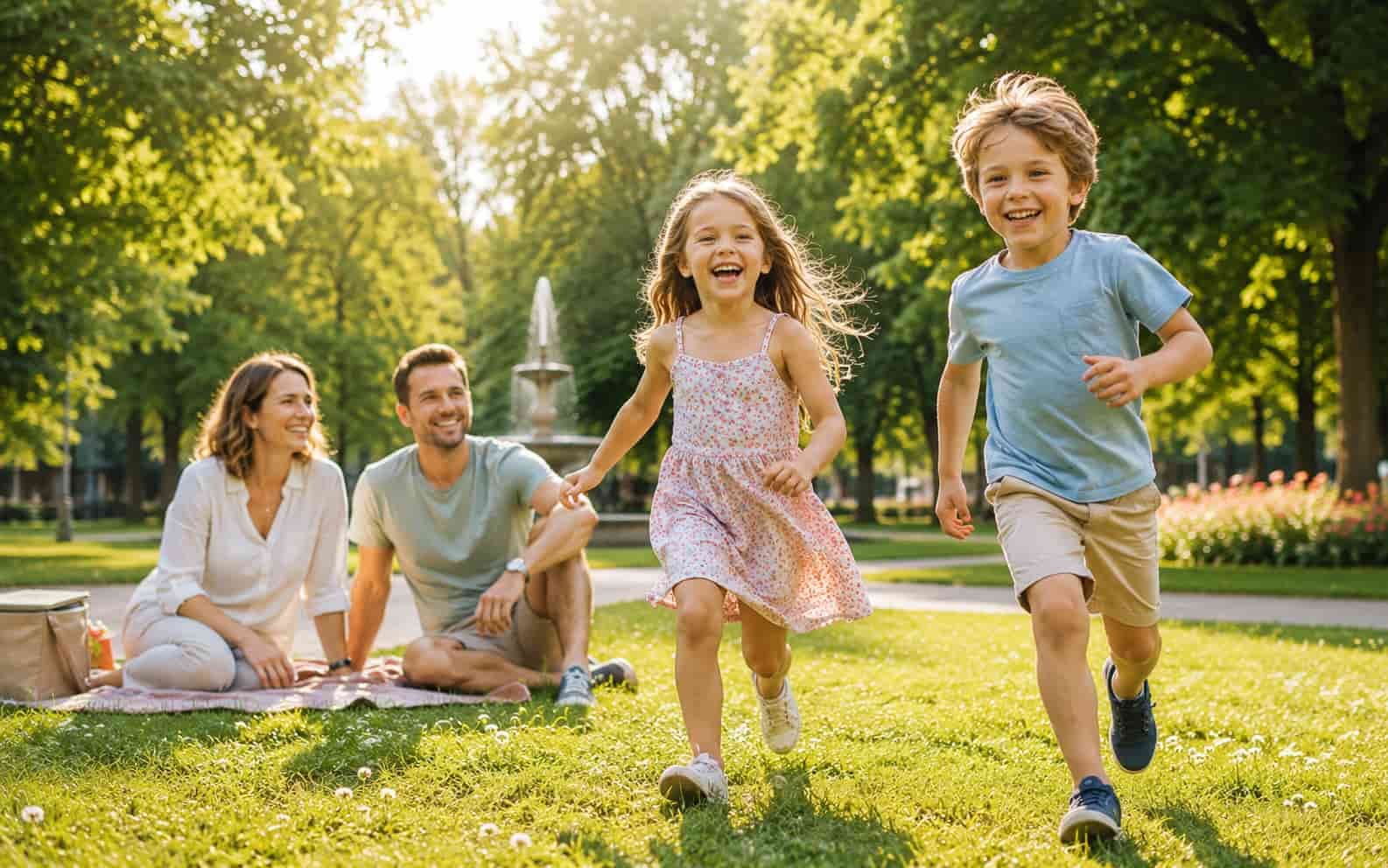 Familie entspannt im sommerlichen Stadtpark während der Ferien