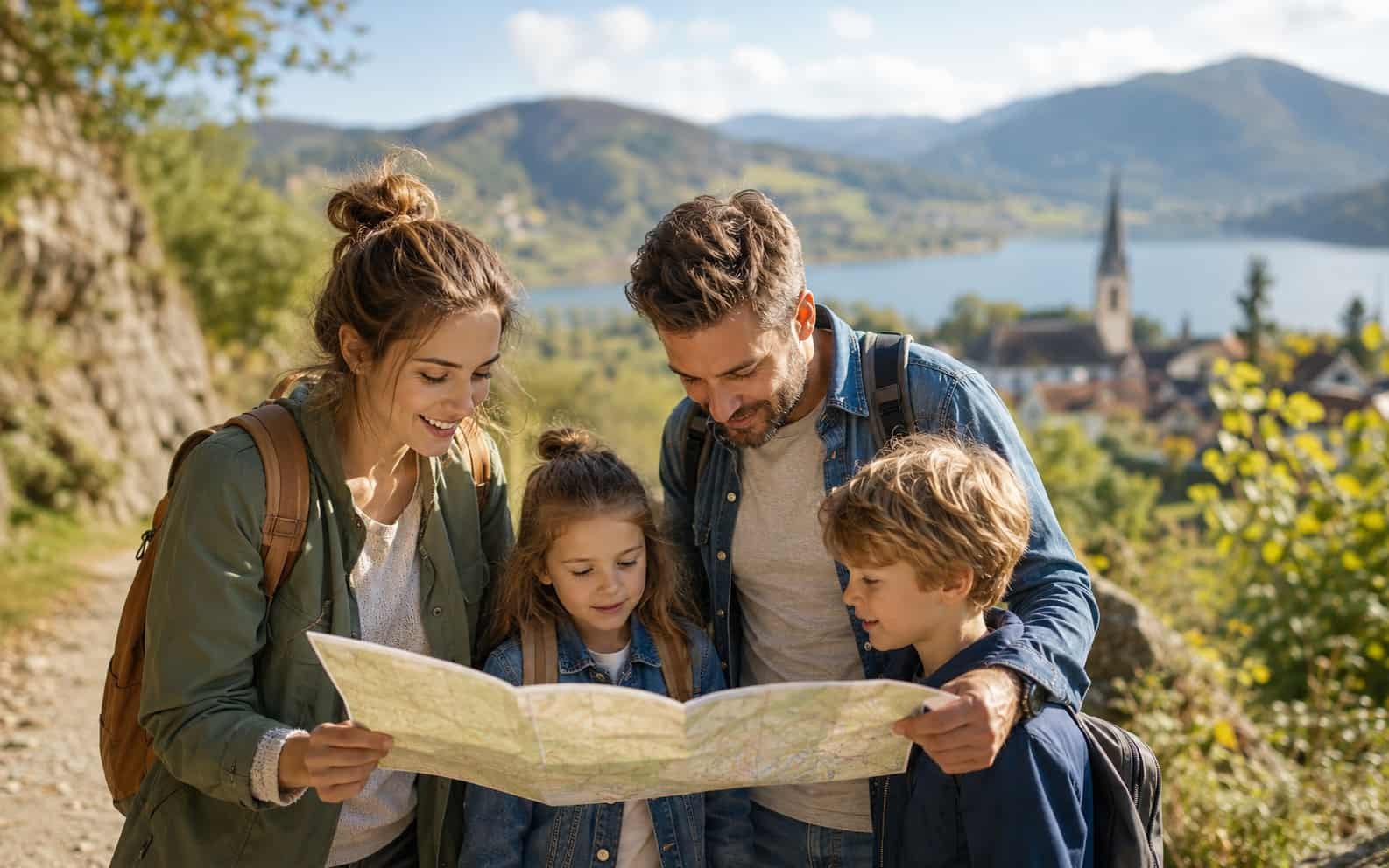 Familie schaut unterwegs auf eine einfache Karte