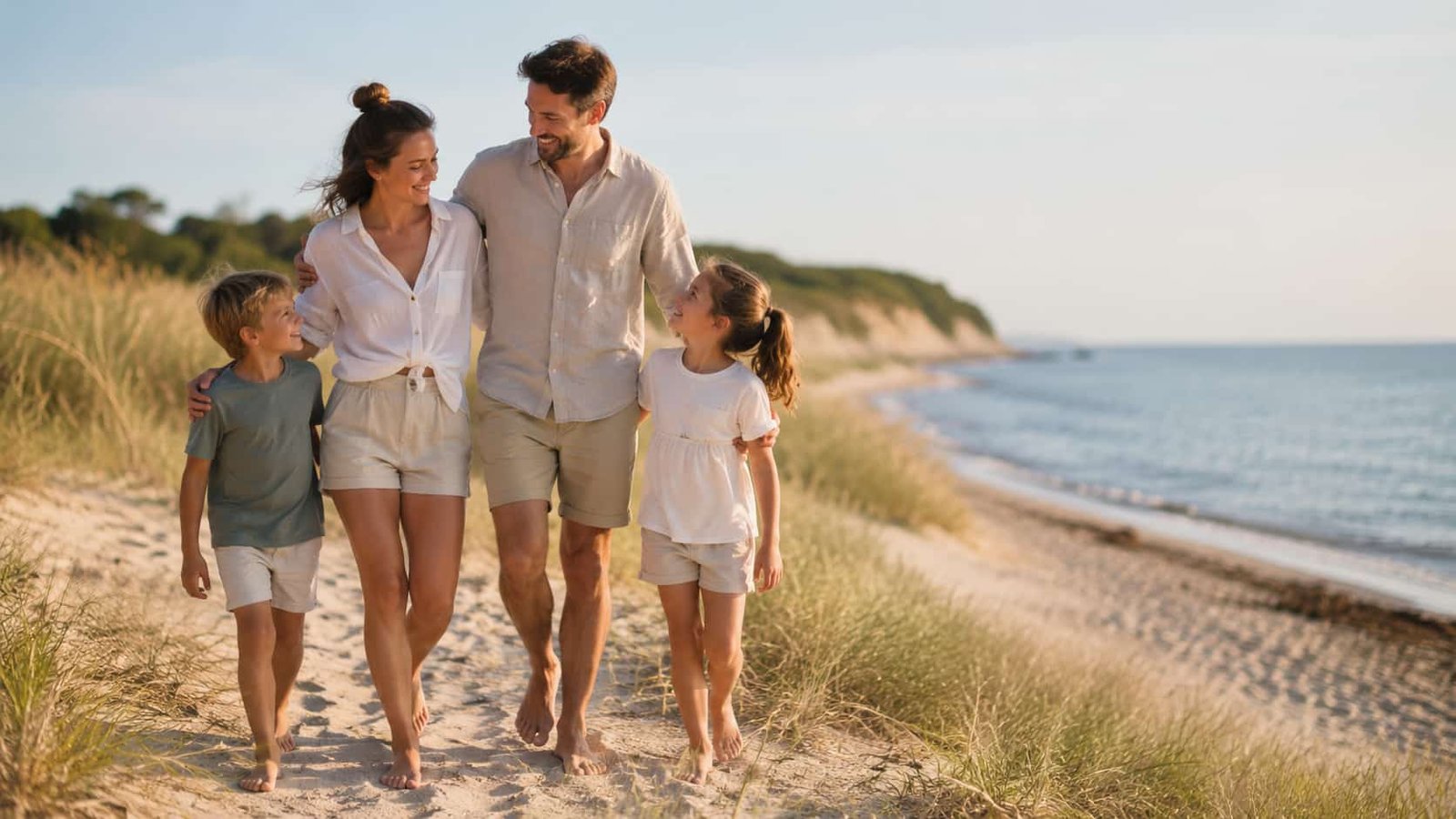 Familie spaziert im Urlaub an der Ostsee durch Dünen und Strandlandschaft