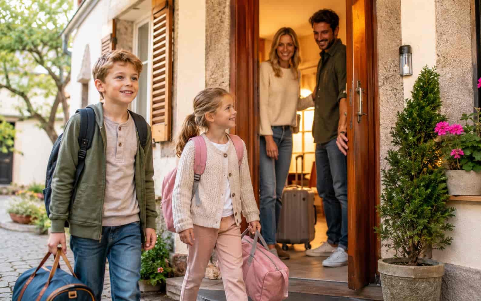 Familie kommt in einer Ferienwohnung in der Eifel an
