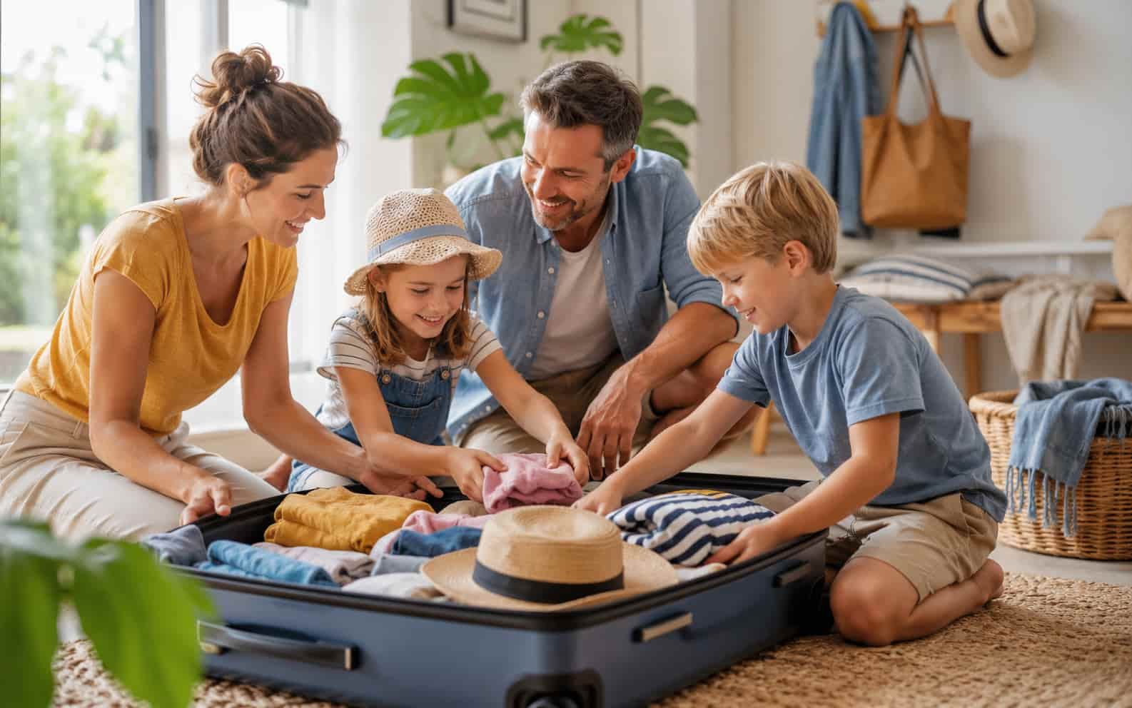Familie packt Koffer für Ferien an der Nordsee