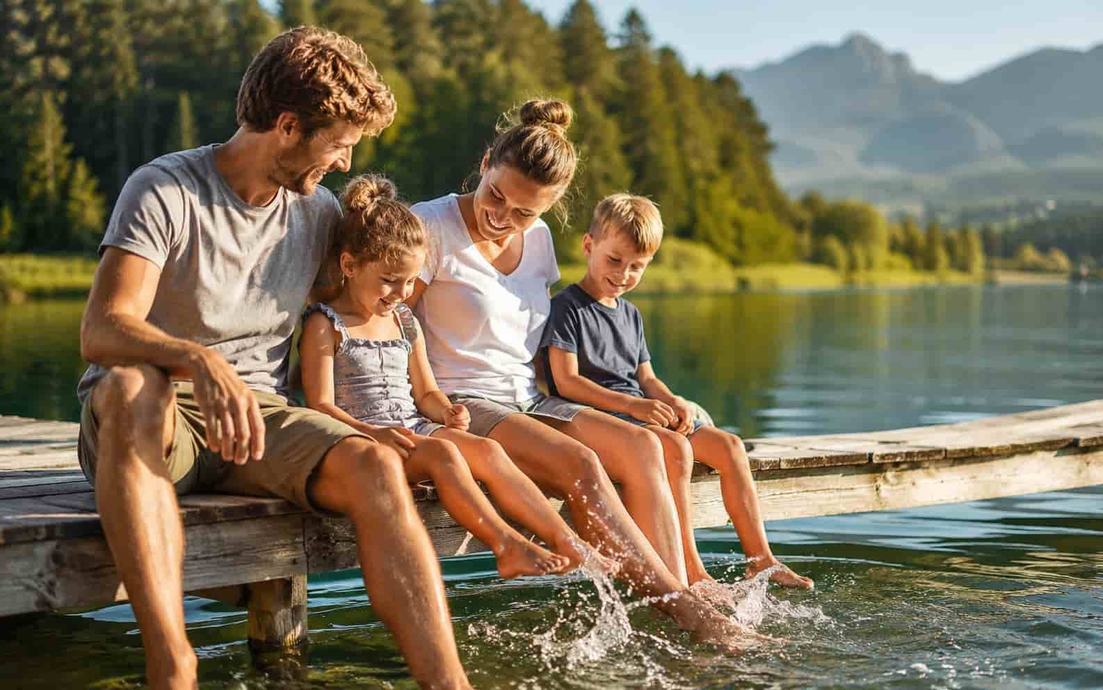 Familie auf einem Holzsteg am See in den Ferien