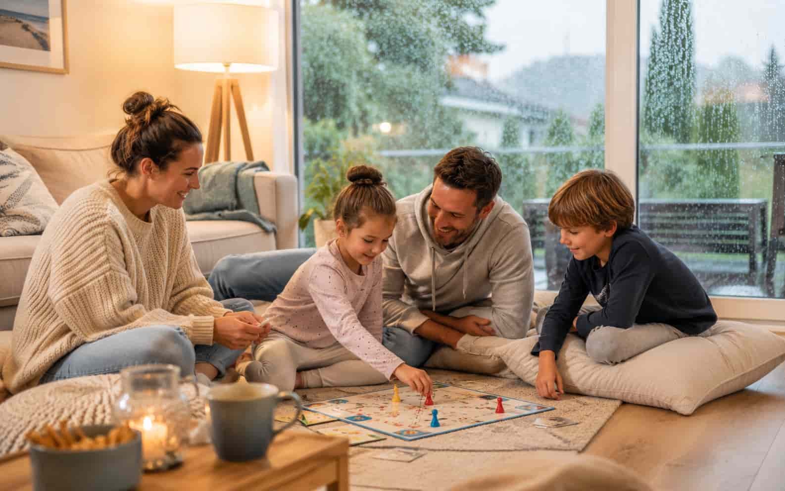 Familie verbringt einen ruhigen Regentag in der Ferienwohnung