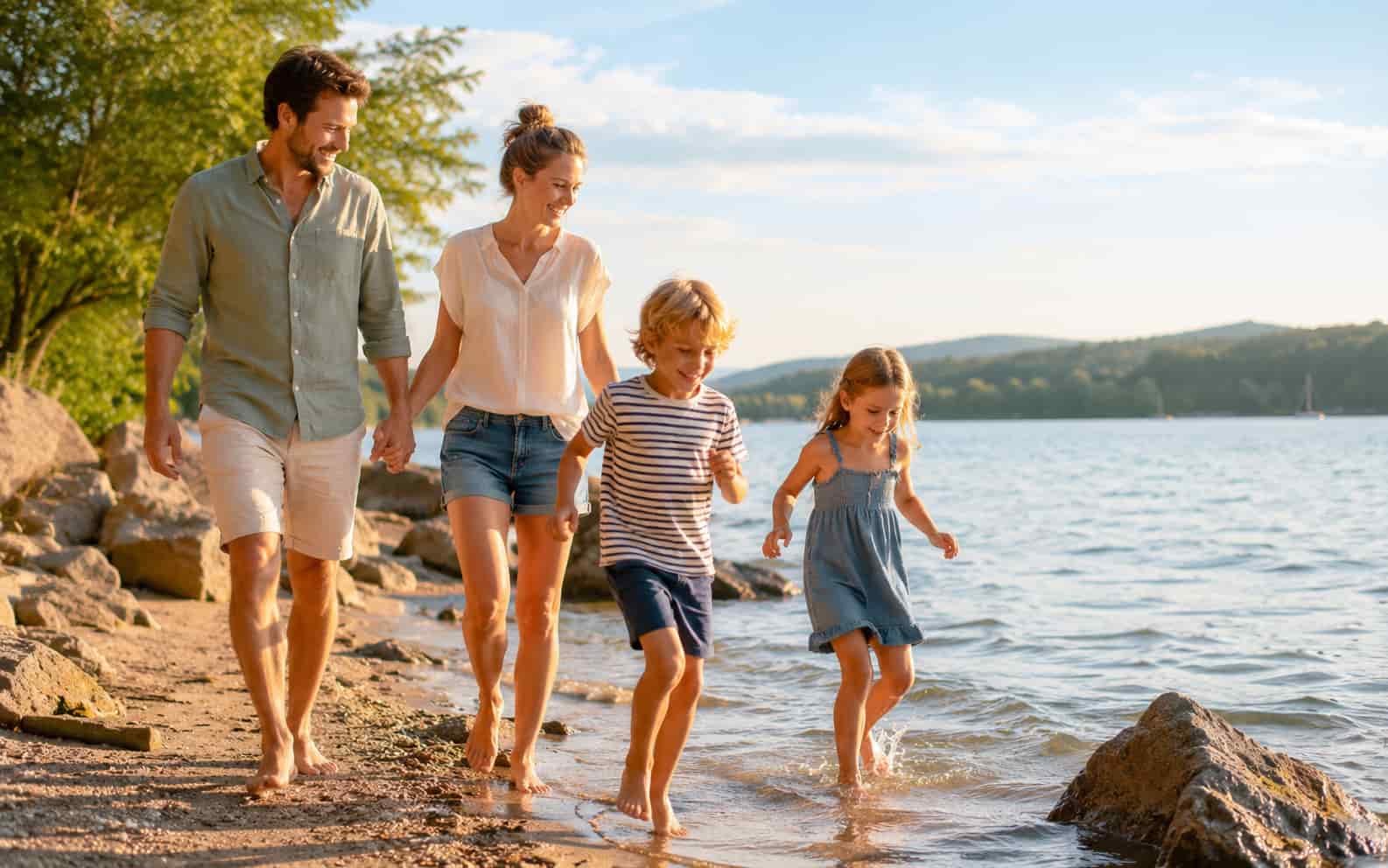 Familie am Ufer eines Sees während der Ferien in Brandenburg