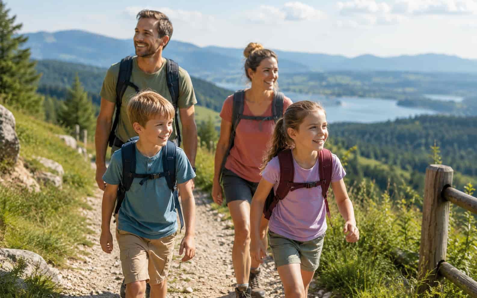 Familie auf einem leichten Wanderweg in einer Urlaubsregion