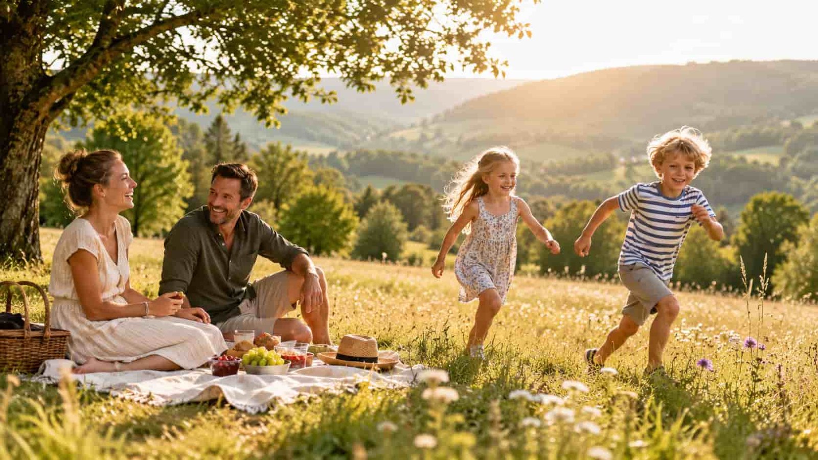 Familie genießt Sommerferien mit Picknick auf einer Wiese