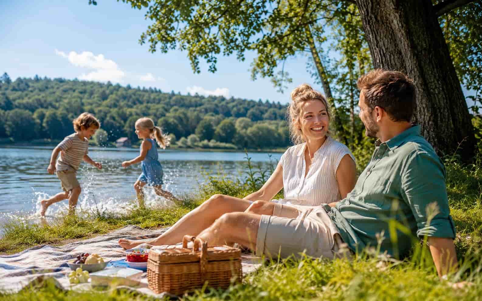Familie verbringt Sommerferien mit Kindern am See oder im Park
