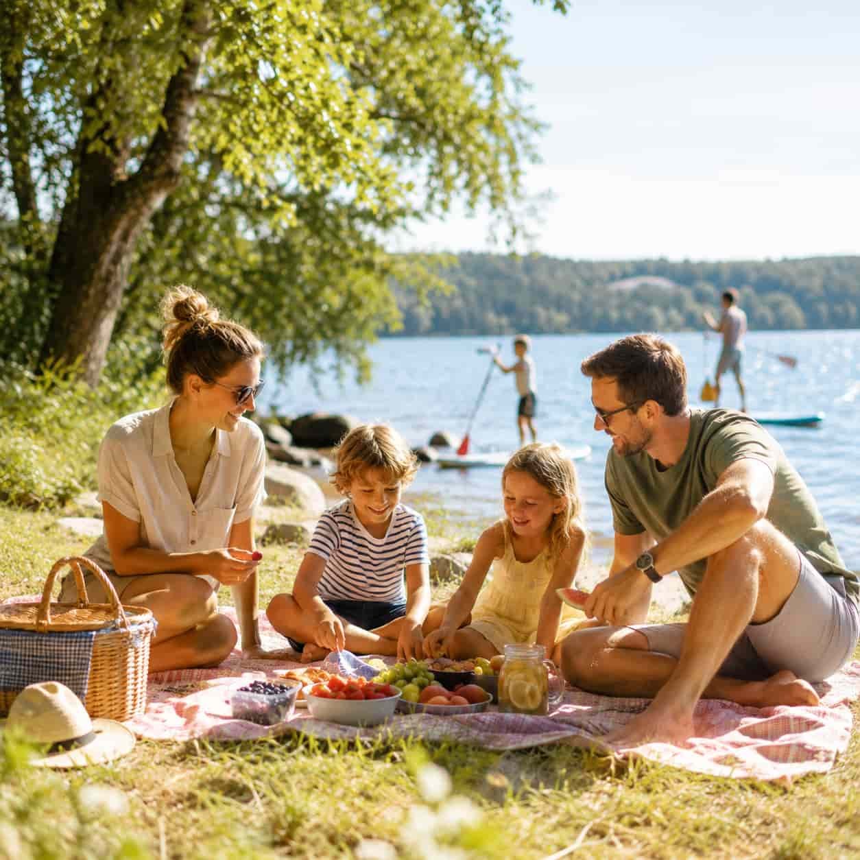 Sommerliche Ferienaktivitäten mit Wasser, Picknick und Natur