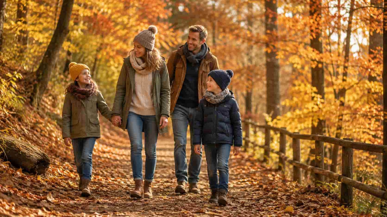 Familie mit Kindern läuft durch buntes Herbstlaub in den Herbstferien