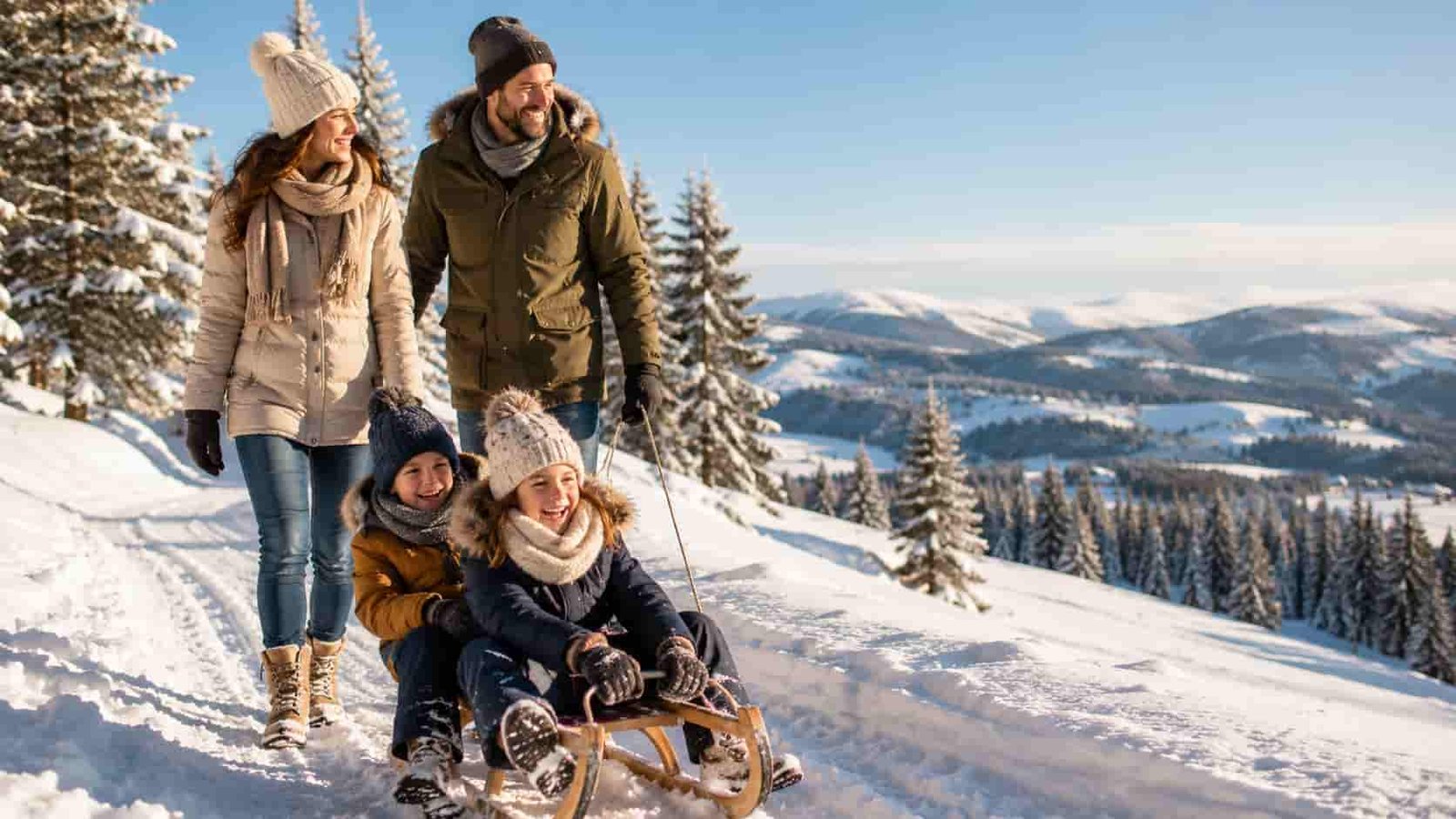 Familie erlebt Winterferien mit Kindern in verschneiter Landschaft