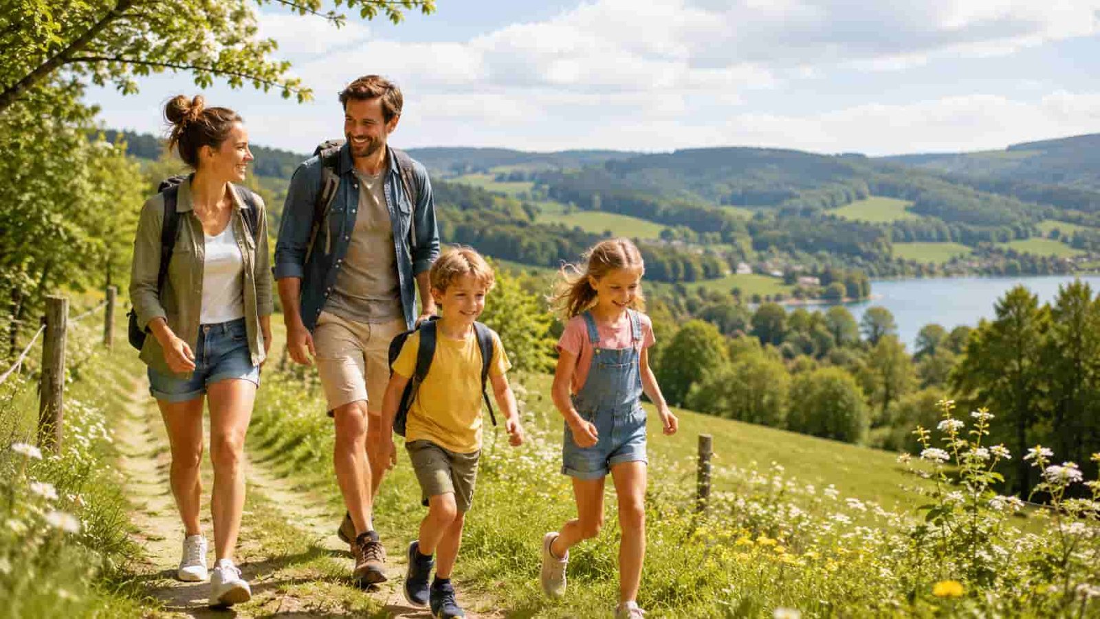 Familie genießt frühlingshafte Ferien im Grünen