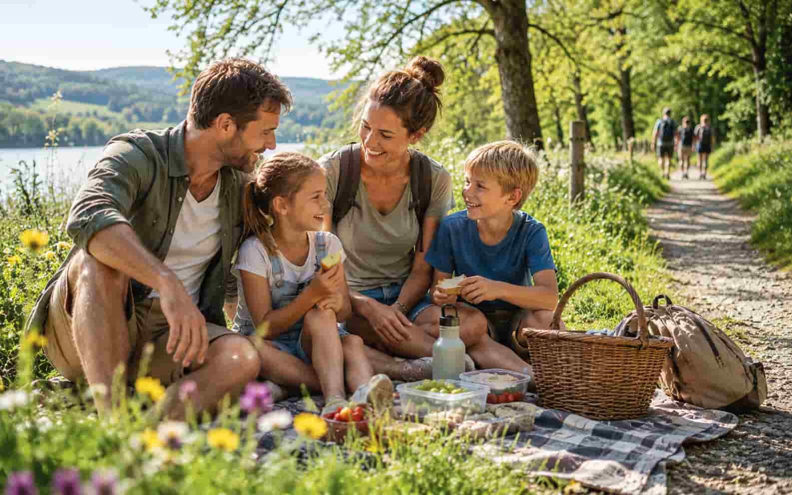 Familie macht in den Pfingstferien einen Naturweg mit Picknick