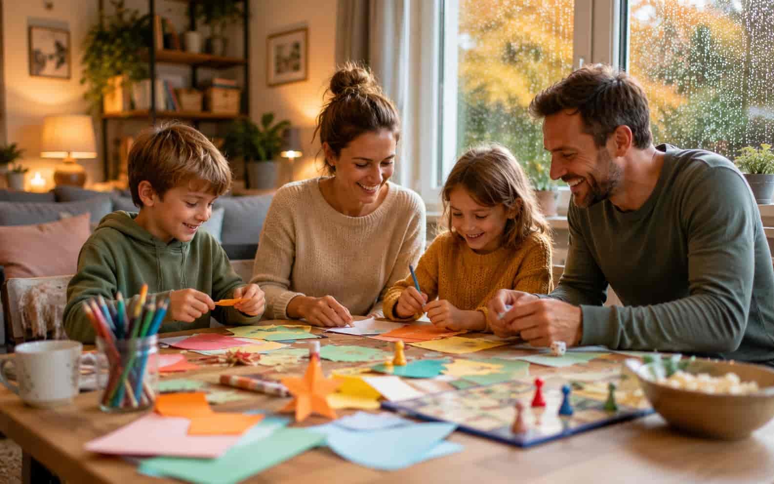 Familie bastelt zuhause an einem regnerischen Herbstferientag