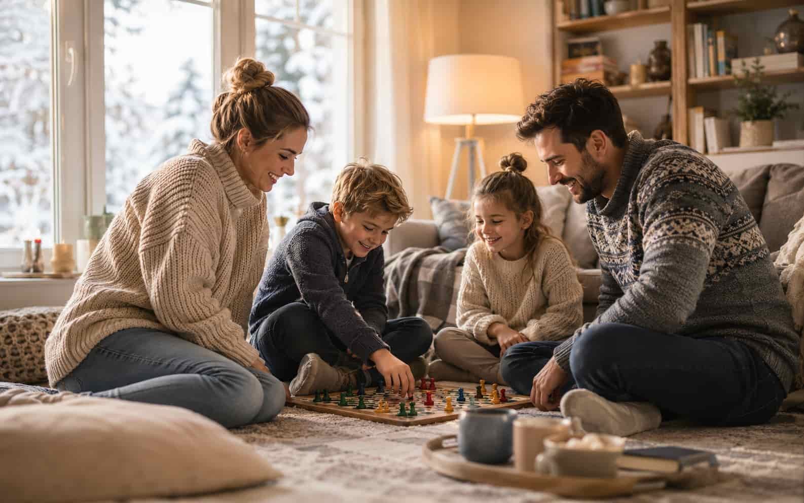 Familie liest und spielt an einem gemütlichen Wintertag drinnen