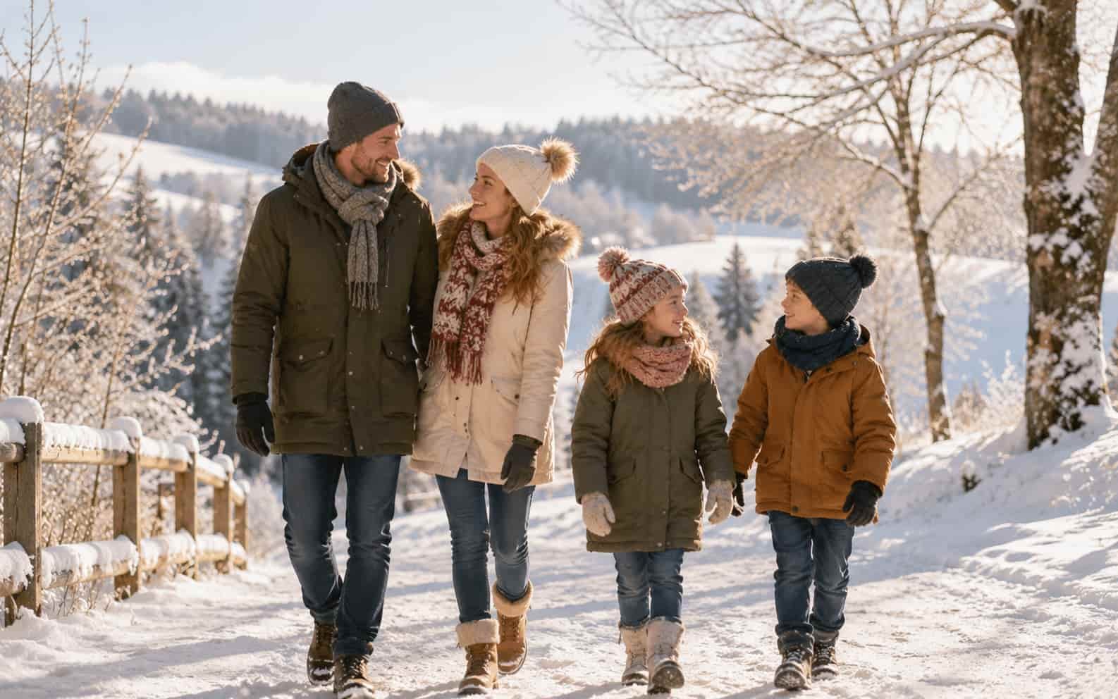 Familie spaziert in klarer Winterluft durch eine frostige Landschaft