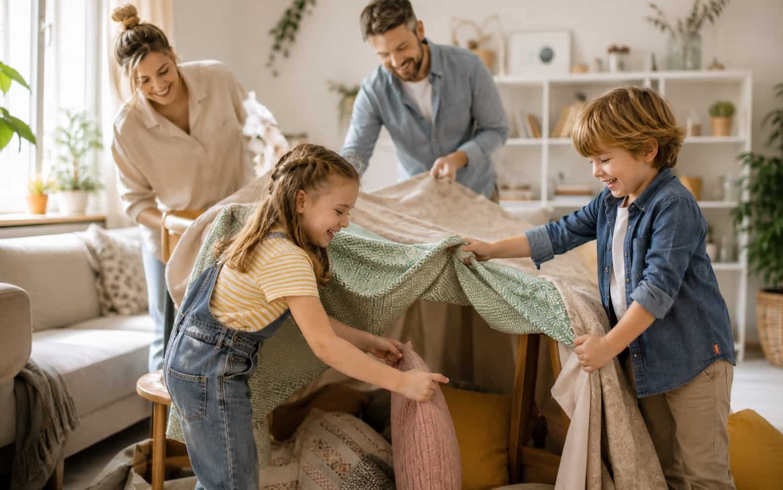 Kinder bauen zuhause eine gemütliche Spielhöhle in den Ferien
