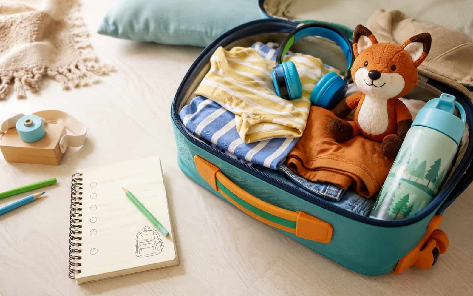 Kinderkoffer, Notizbuch, Stifte und Trinkflasche als Urlaubstagebuch-Motiv