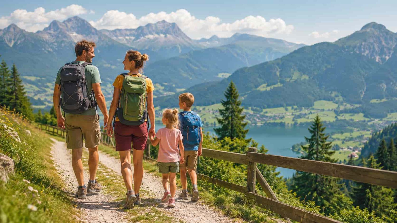 Familie verbringt Ferien in Bayern mit Kindern vor Bergen und grüner Natur