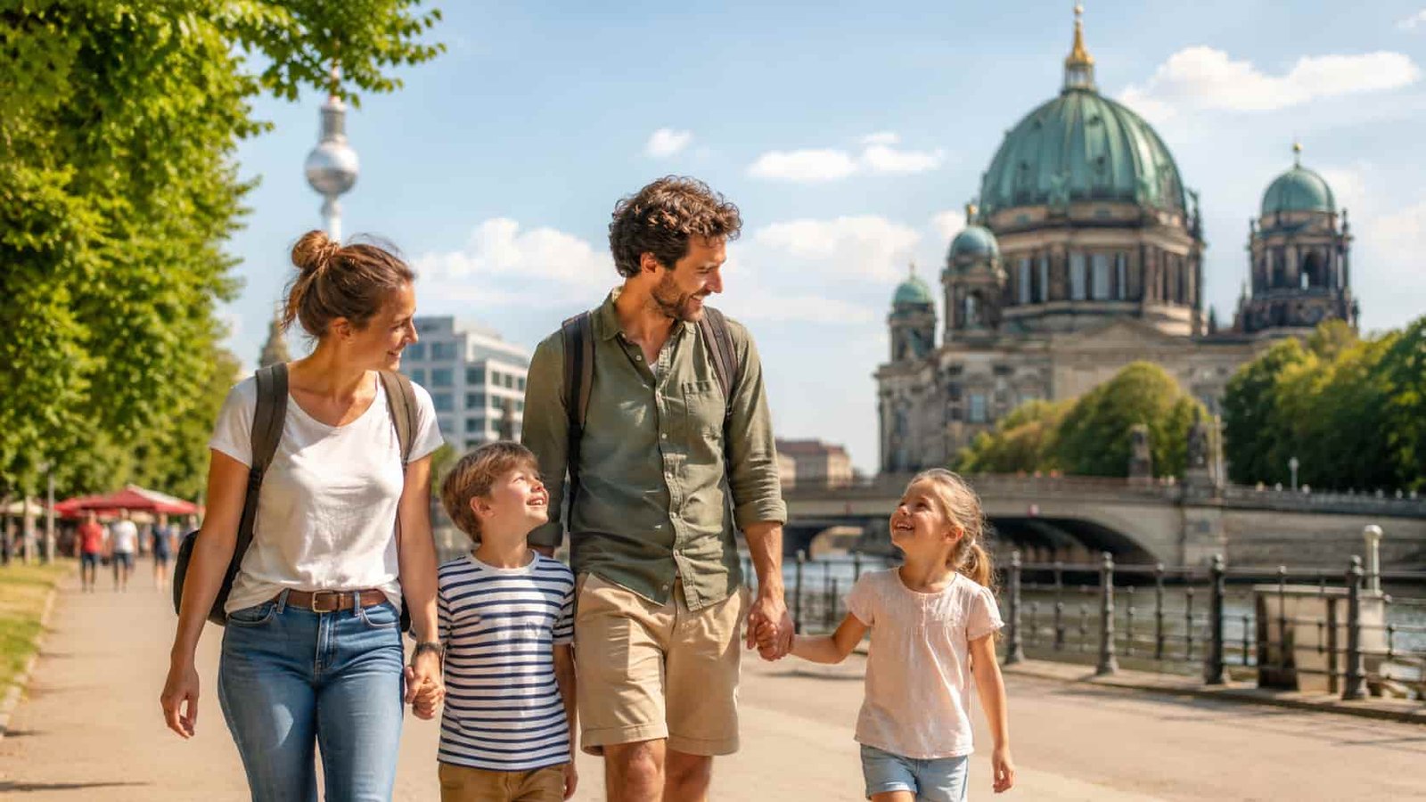 Familie bei Ferien in Berlin mit Kindern in grüner urbaner Umgebung