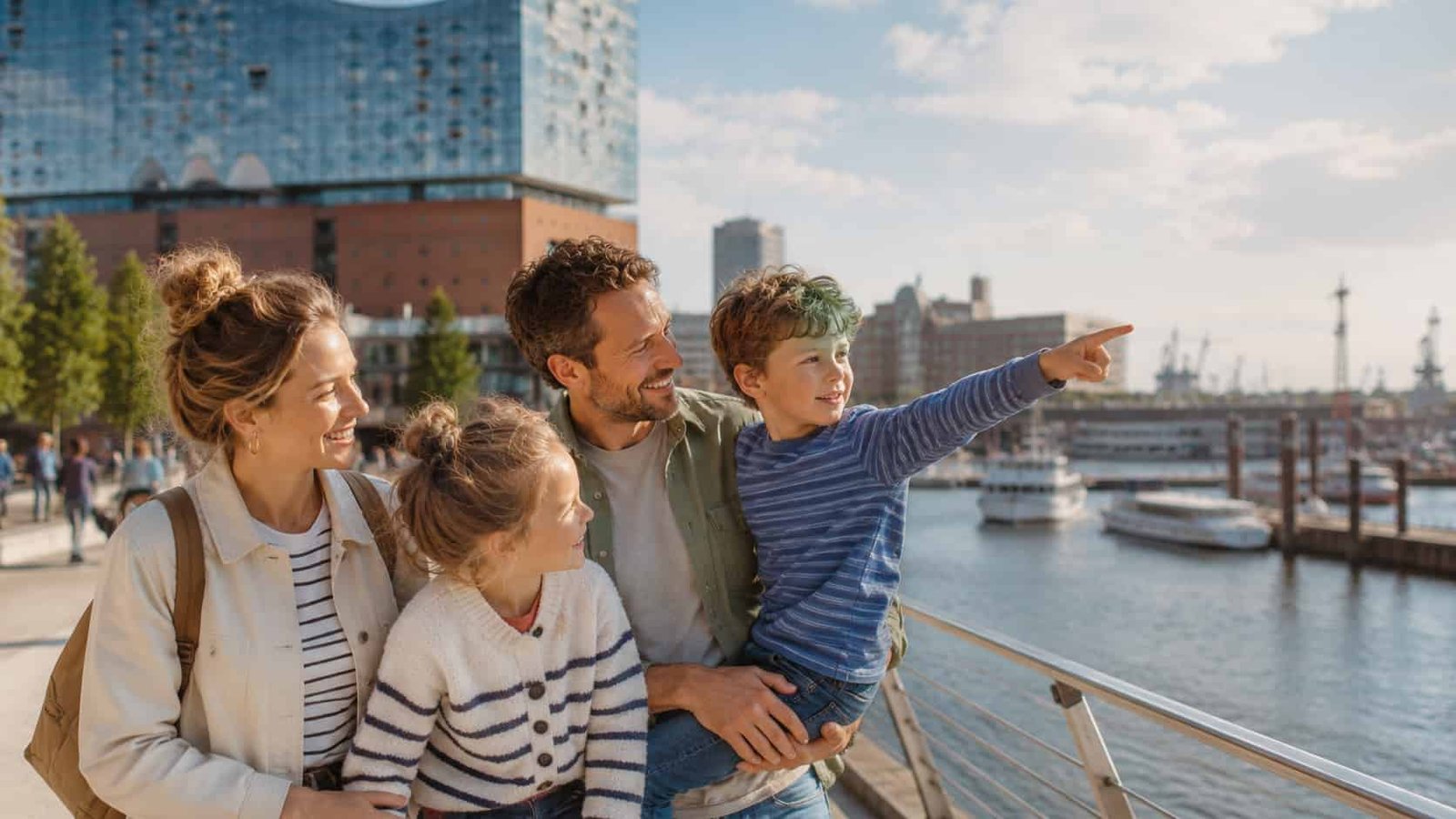 Familie bei Ferien in Hamburg mit Kindern in maritimer urbaner Umgebung mit Wasserbezug