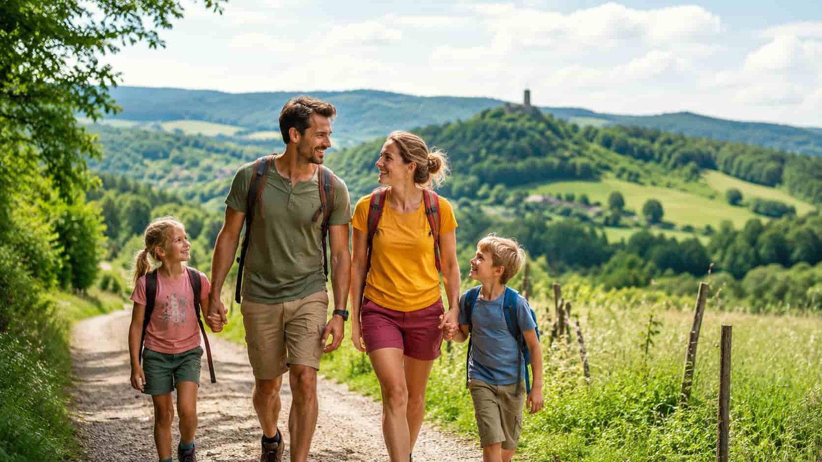 Familie auf einem sonnigen Weg in Hessen