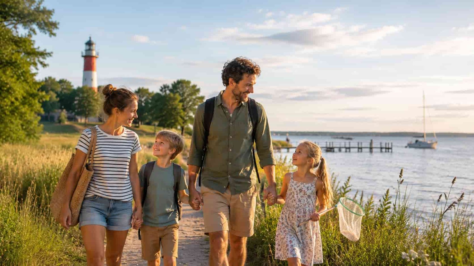 Familie an Küste, Deich und weitem Himmel in Mecklenburg-Vorpommern