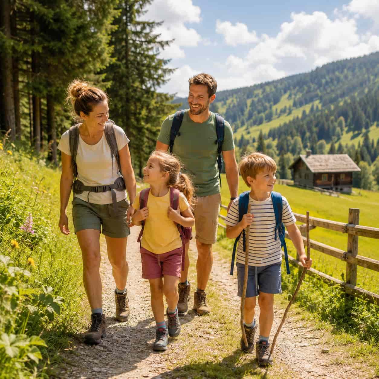 Familie spaziert im Urlaub durch Natur