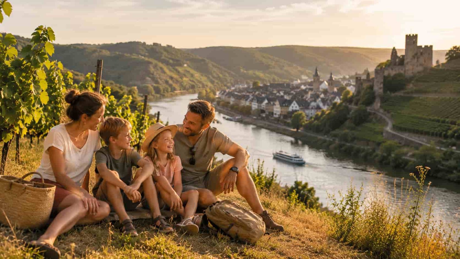 Familie in warmer Fluss- und Weinlandschaft in Rheinland-Pfalz