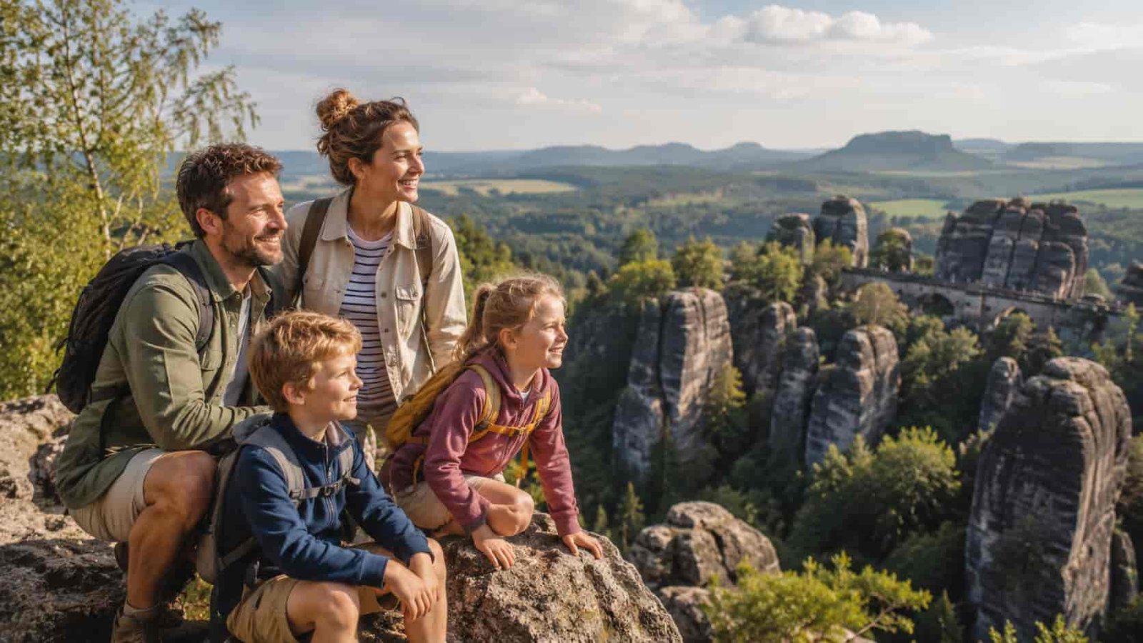 Familie verbringt Ferien in Sachsen mit Kindern zwischen Felsen, Wald und Hügeln