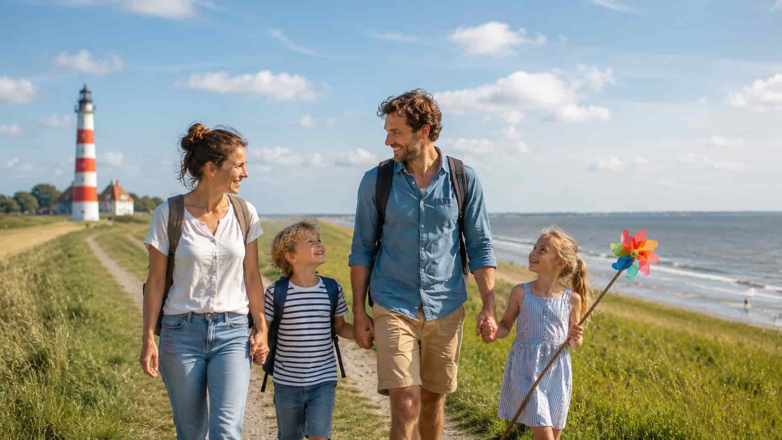 Familie an Küste, Deich oder weitem Himmel mit norddeutscher Leichtigkeit