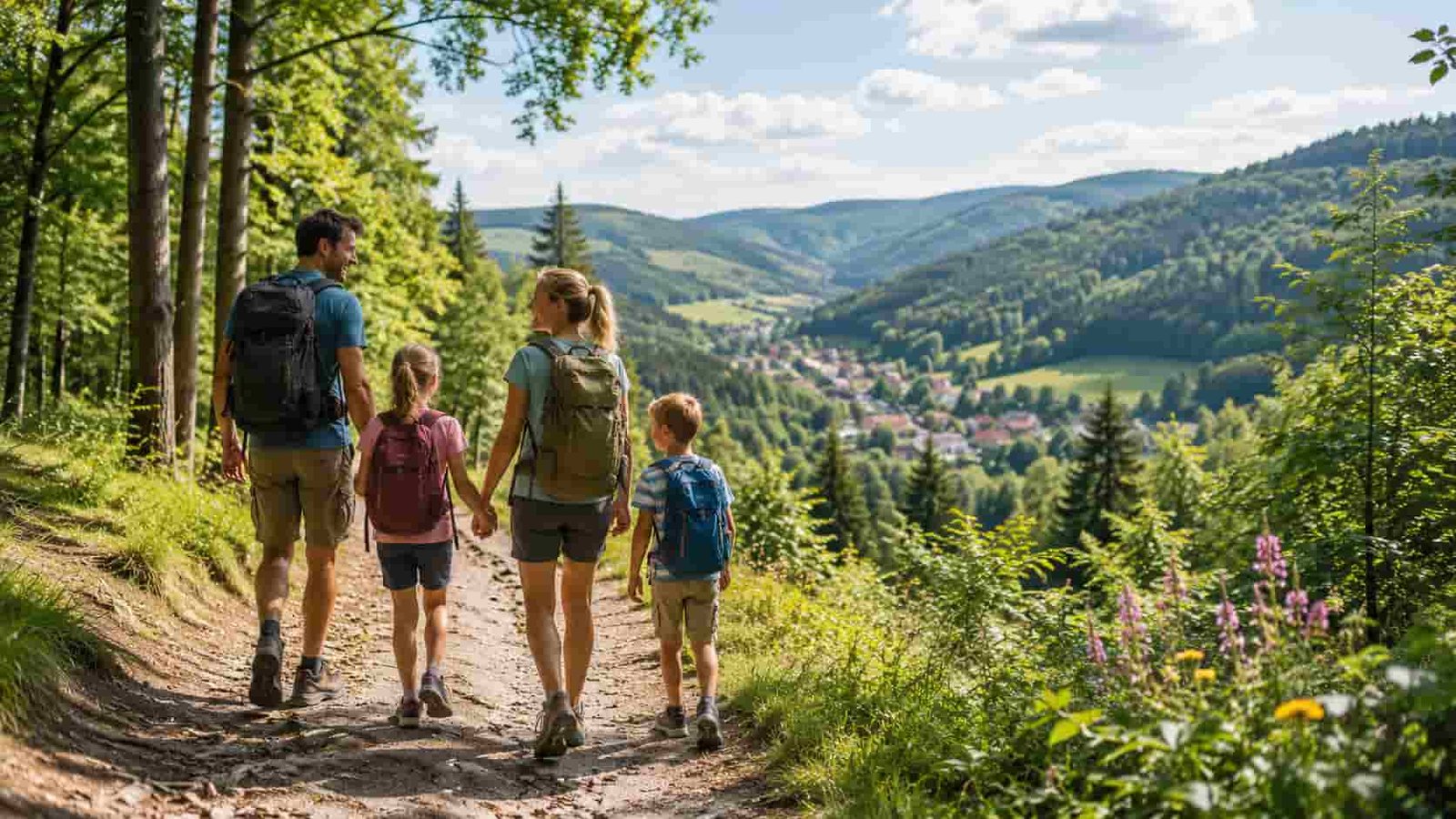 Familie verbringt Ferien in Thüringen mit Kindern zwischen Wald, Hügel und Wanderwegen