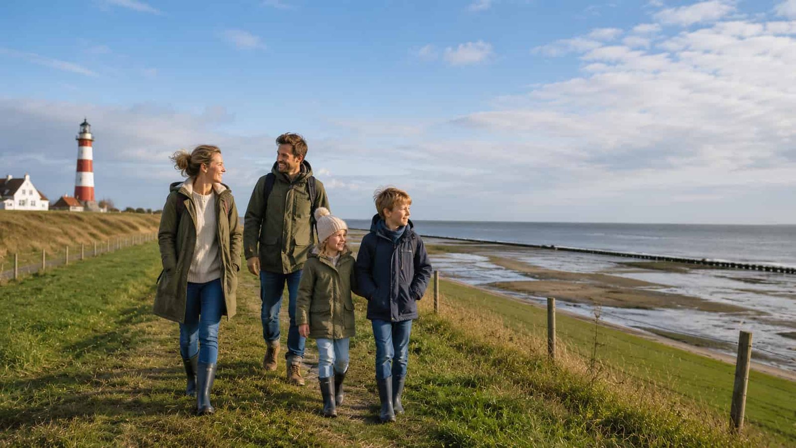 Familie verbringt Ferien an der Nordsee auf einem Deich oder an einem weiten Küstenabschnitt