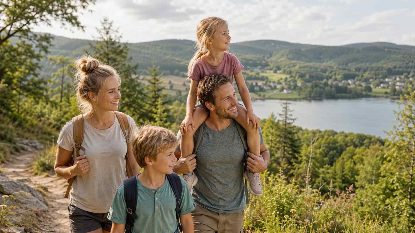 Familie verbringt Ferien im Sauerland in grüner Hügellandschaft mit Wald und See oder Wanderweg