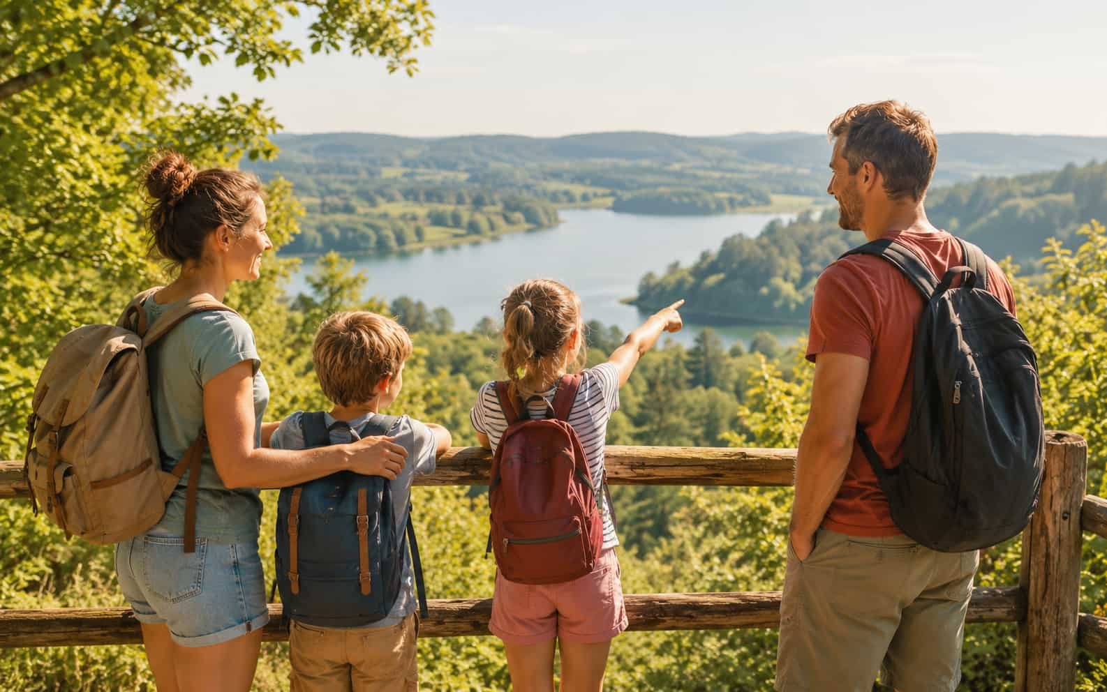 Familie blickt von einem Aussichtspunkt über deutsche Landschaft mit See und Wald