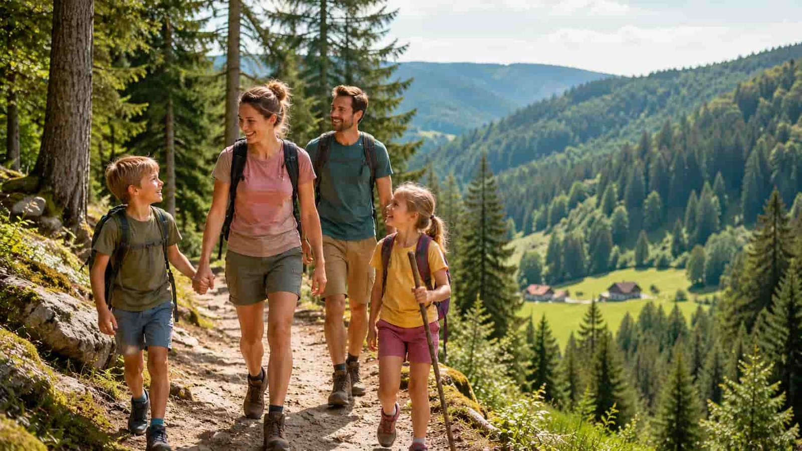 Familie auf einem sonnigen Weg durch dichte Waldlandschaft
