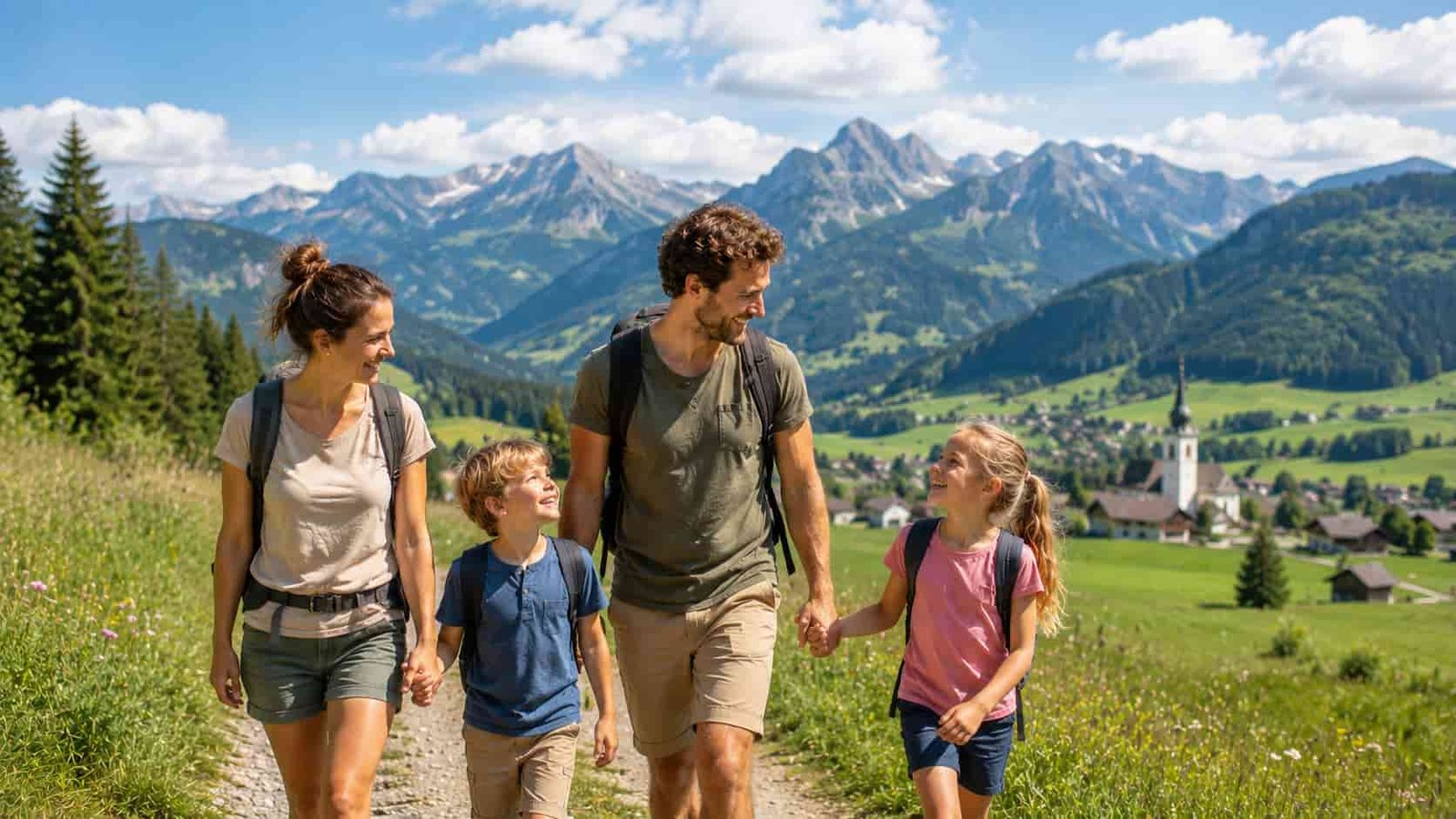Familie in grüner Allgäu-Voralpenlandschaft mit Wiesen und Bergen