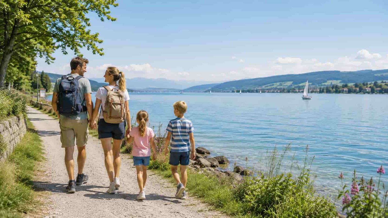 Familie blickt auf eine deutsche Ferienlandschaft mit Wasser und Natur
