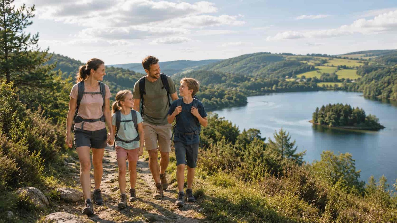 Familie verbringt Ferien in der Eifel auf einem grünen Waldweg im Mittelgebirge