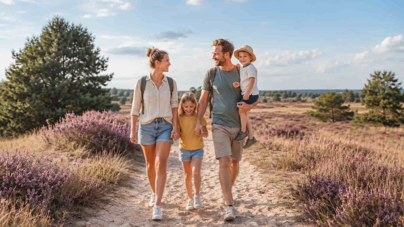 Familie macht eine Pause in naturnaher Landschaft im Wendland