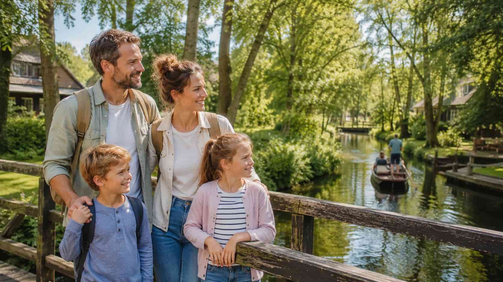 Familie verbringt Ferien im Spreewald an einer kleinen Holzbrücke und grünem Wasserlauf