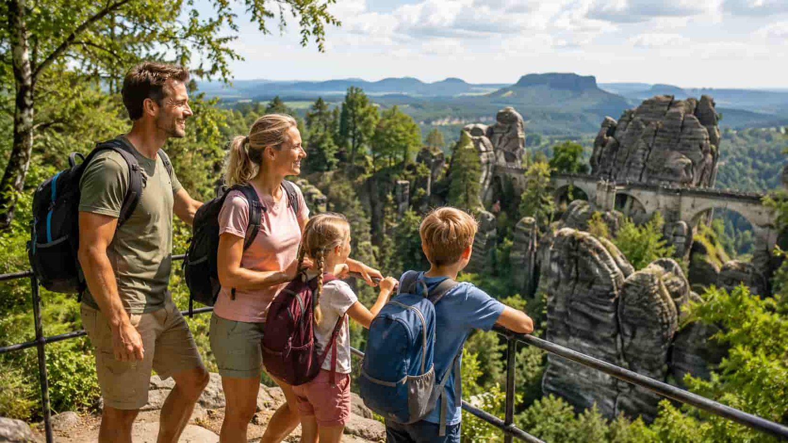 Familie in der Sächsischen Schweiz mit Felsen, Wald und Aussicht
