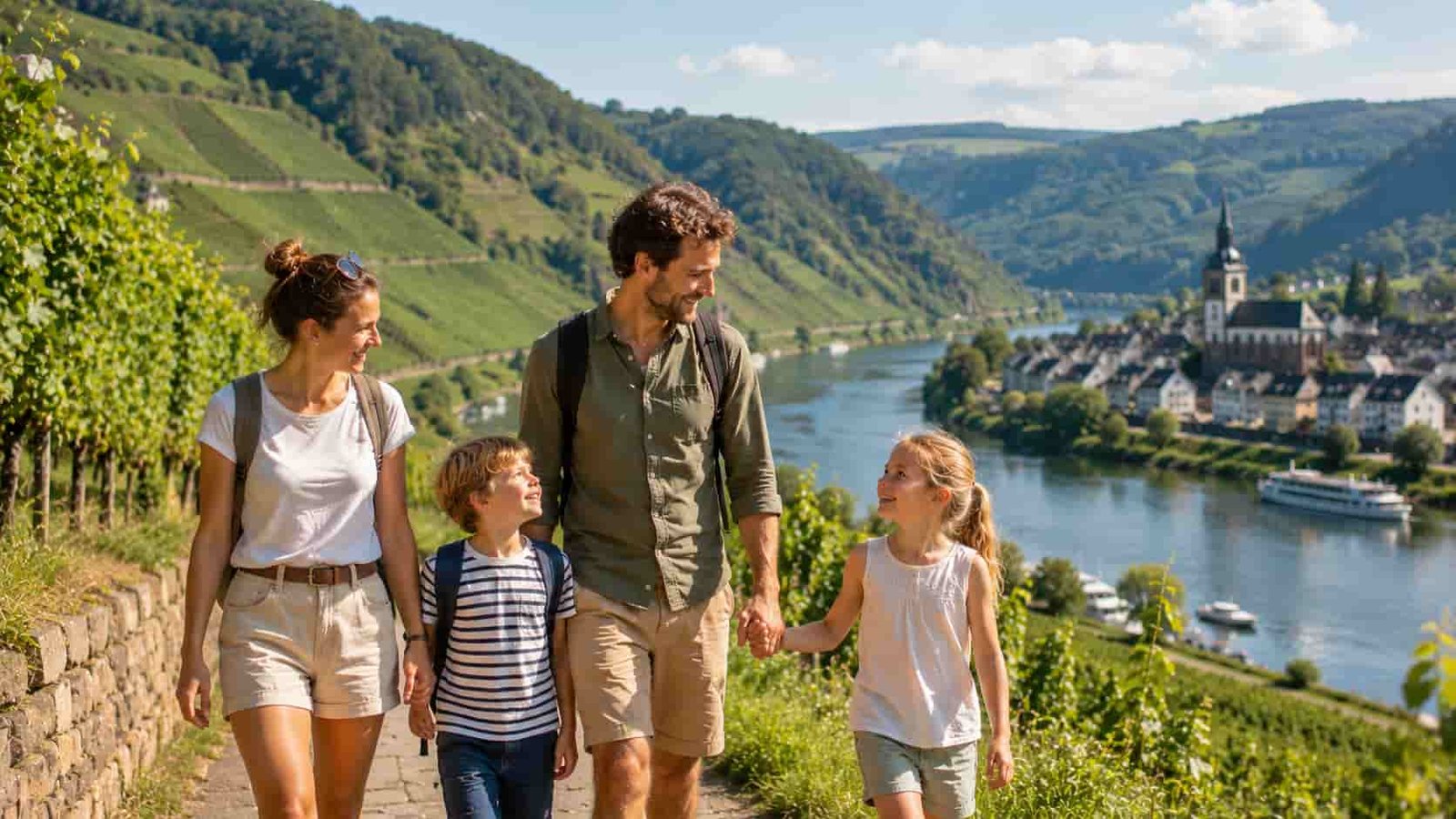 Familie verbringt Ferien an der Mosel mit Kindern in sonniger Flusslandschaft