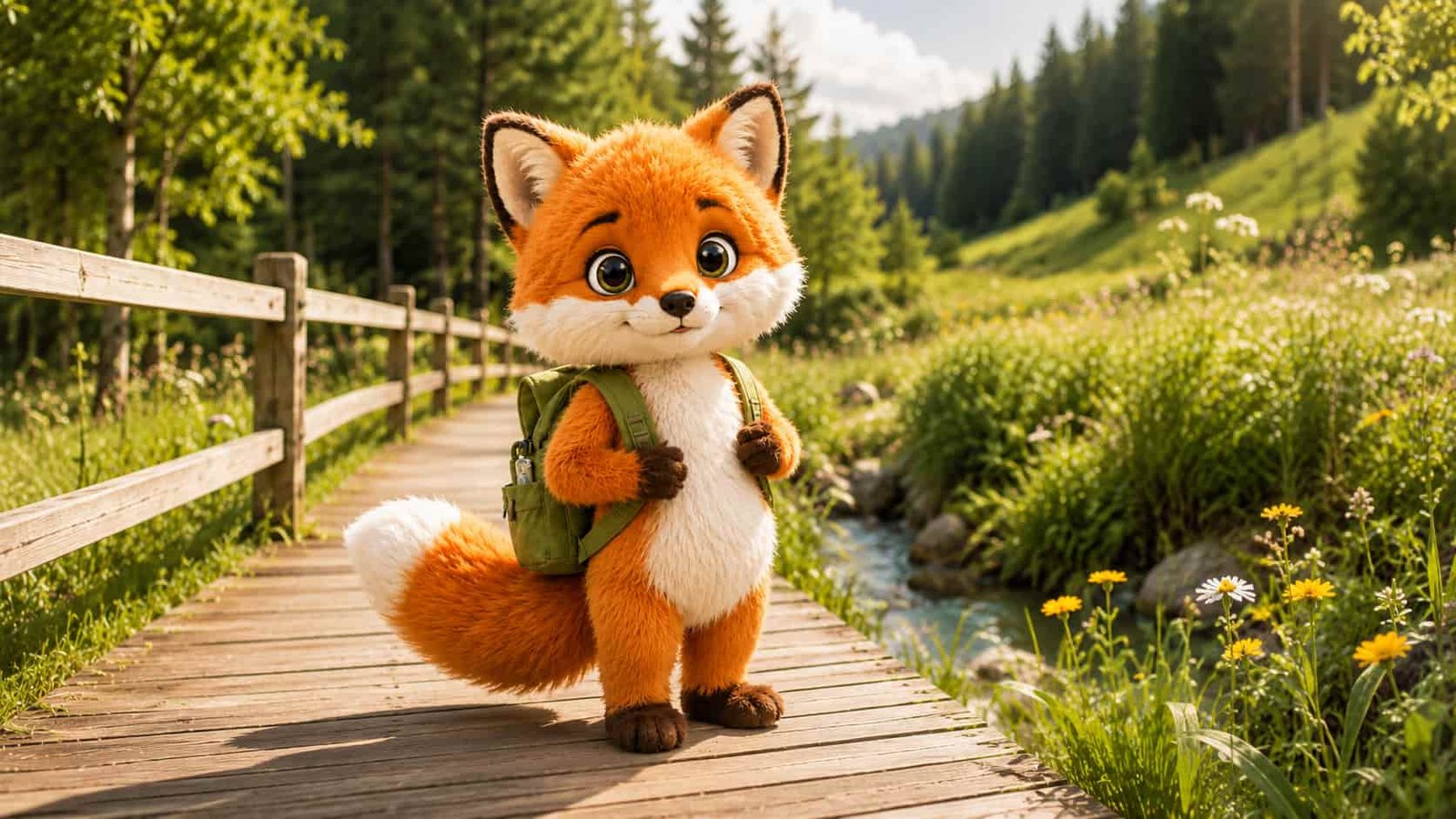 Ferifuchs mit Rucksack auf einem Weg