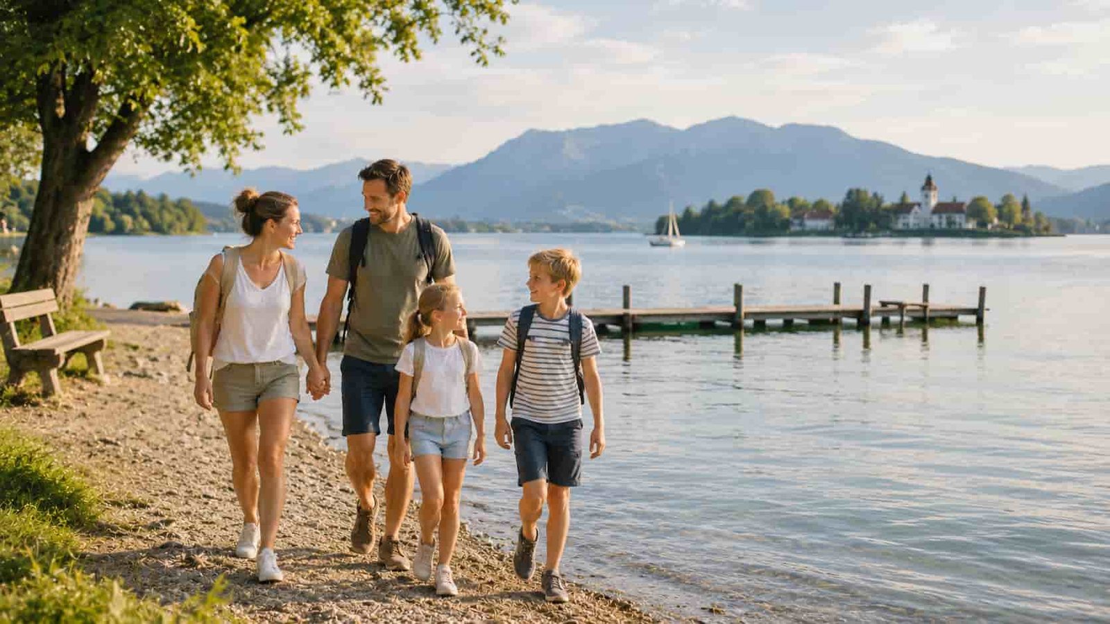 Familie verbringt Ferien am Chiemsee mit Kindern vor See und
Bergen