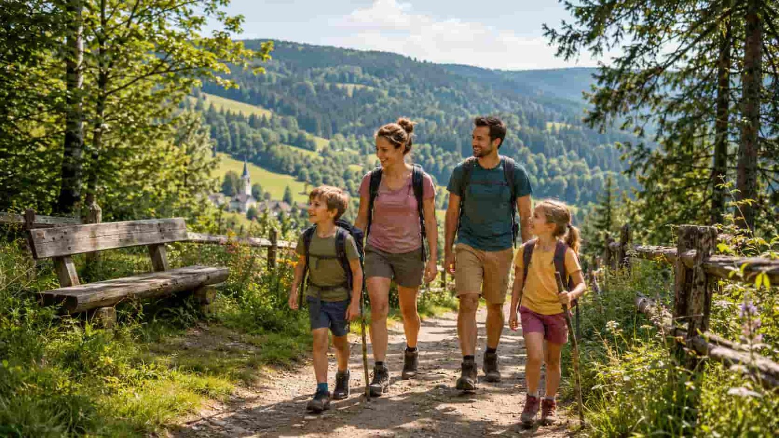 Familie im Erzgebirge auf einem waldreichen Weg