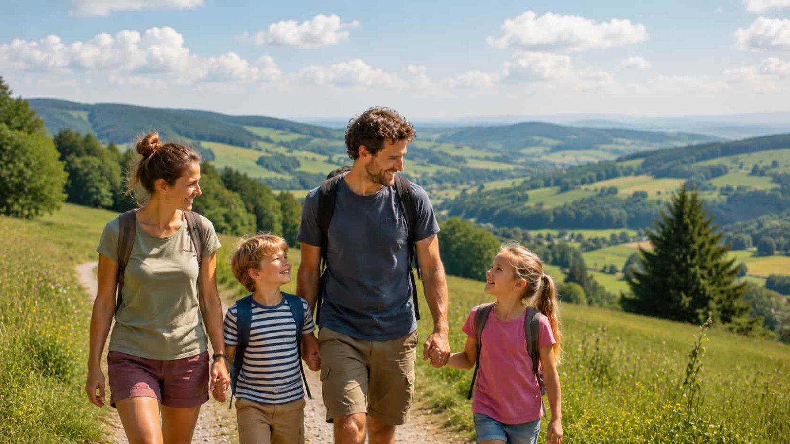 Familie in der Rhön auf einem waldreichen Weg