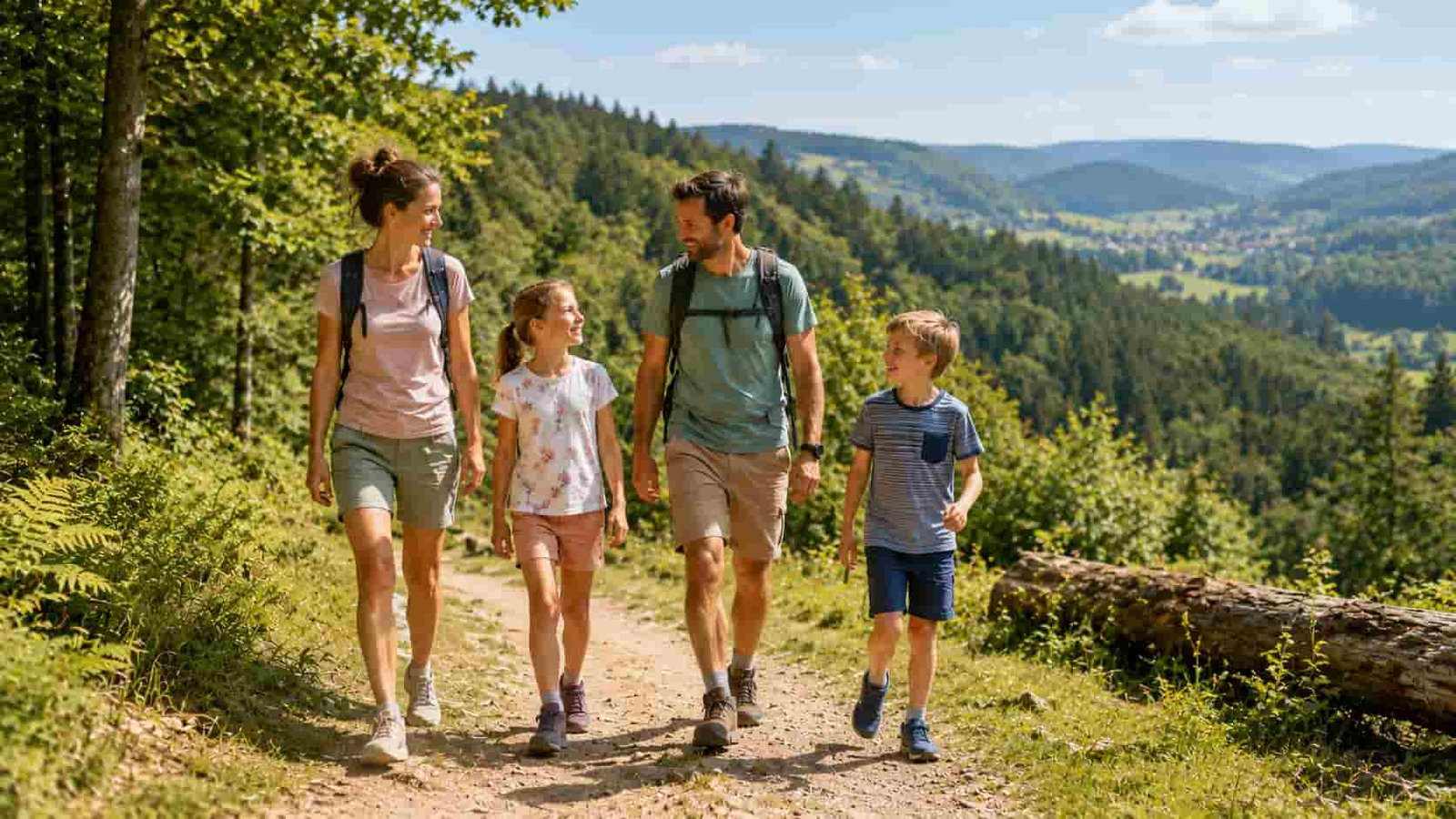 Familie in waldreicher Hügellandschaft auf einem Spazierweg
