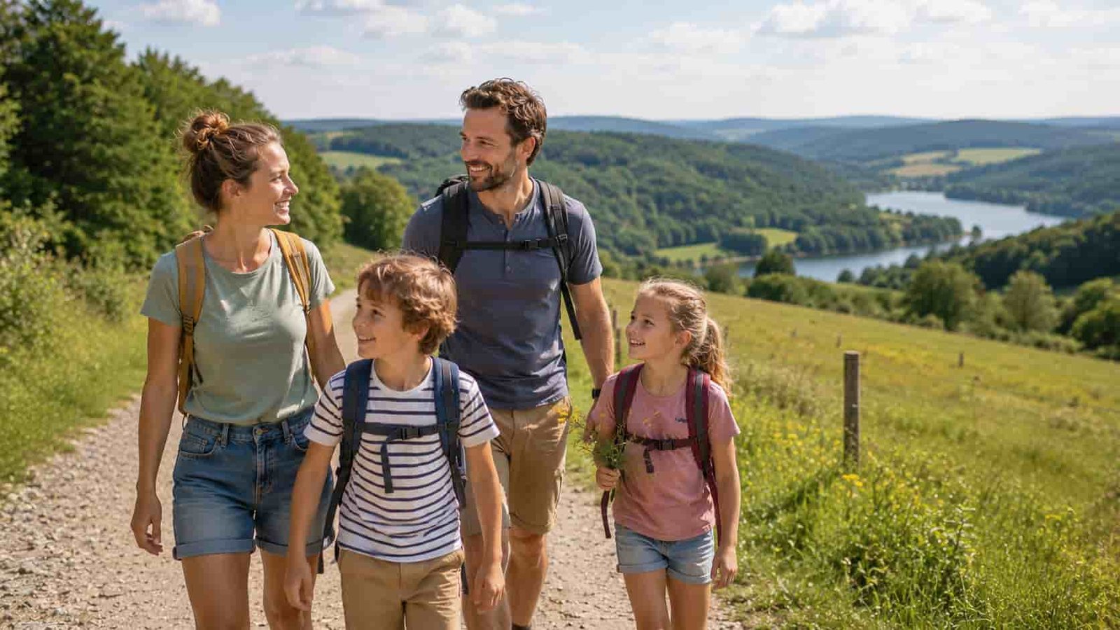 Familie verbringt Ferien im Taunus auf einem grünen Waldweg im Mittelgebirge