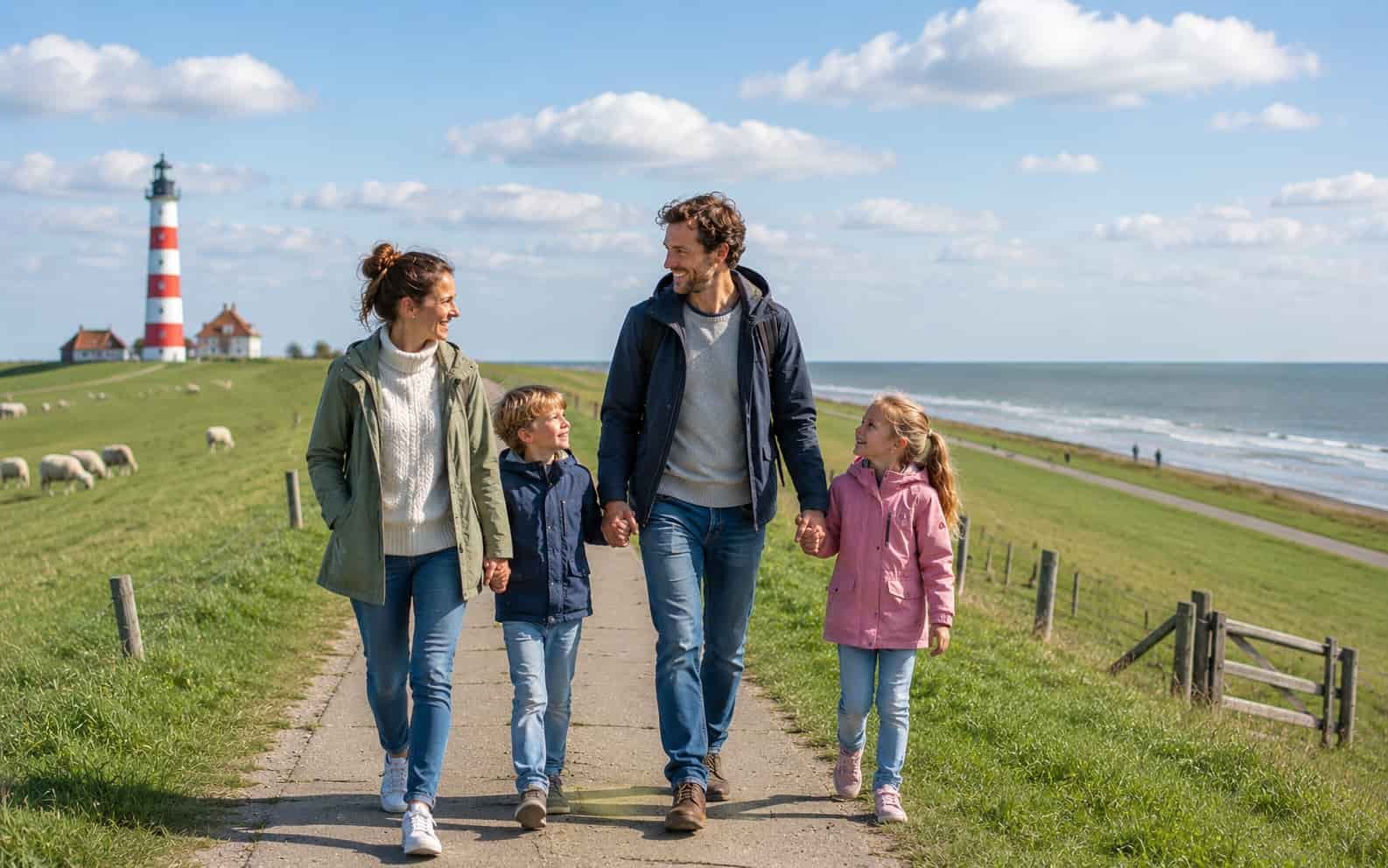 Familie spaziert entspannt am Deich an der Nordsee